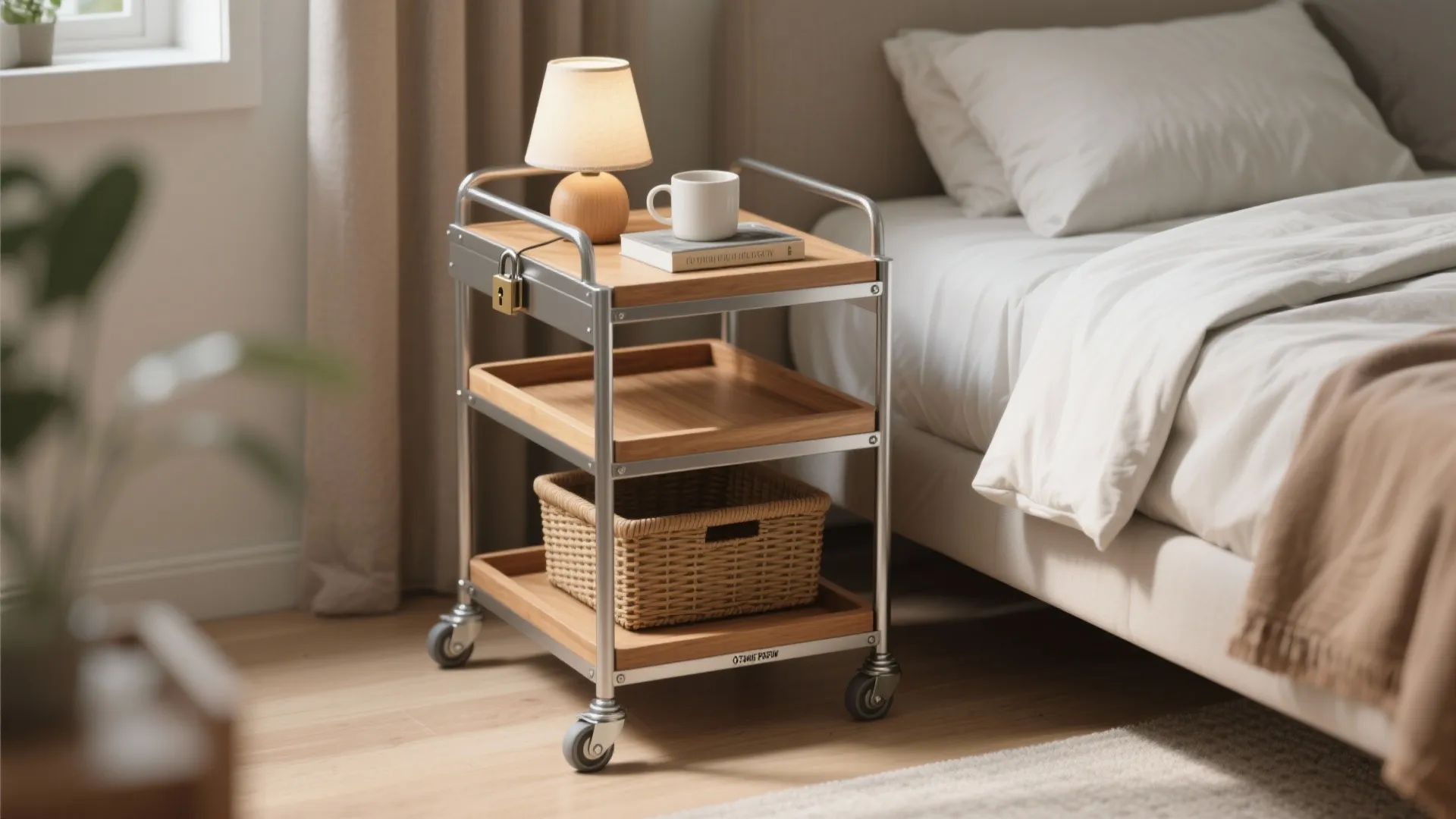 Rolling metal cart with three wooden trays used as a bedside table with a lamp