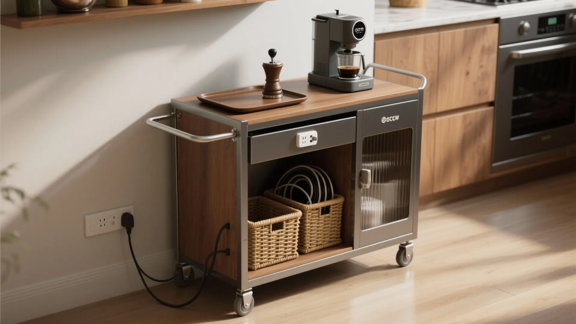 2. Narrow rolling cart (mobile coffee bar)