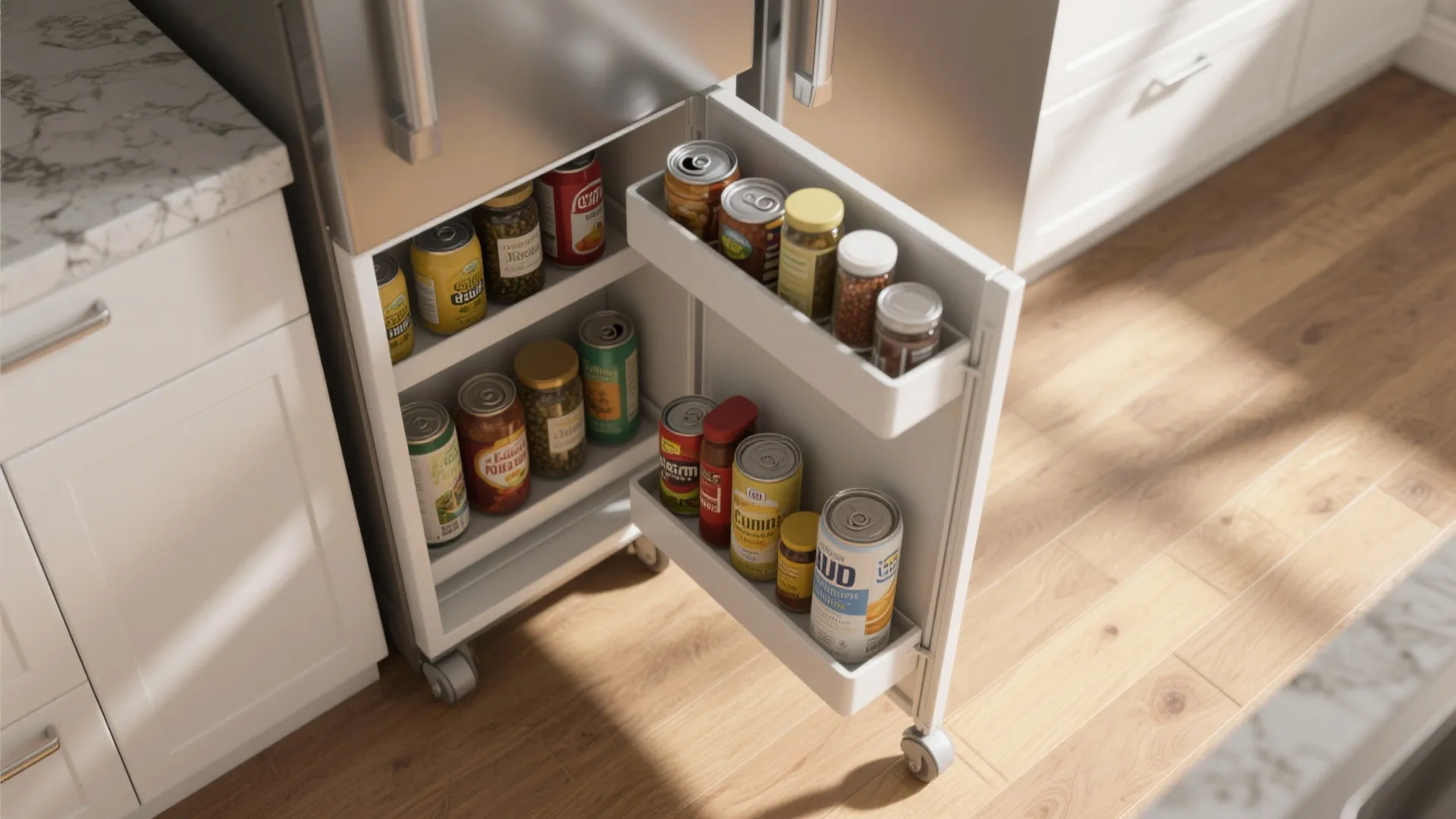 Slim white rolling cart filled with cans and jars parked between a fridge and kitchen cabinets