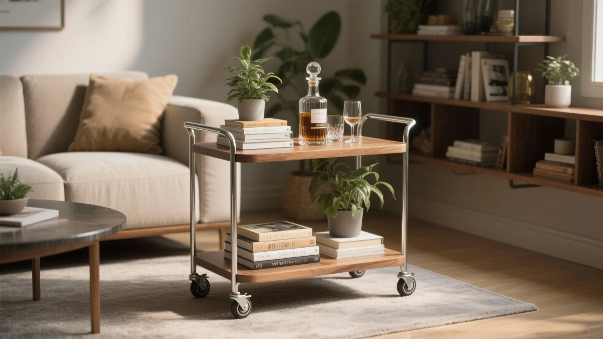 Wooden rolling cart with books and plants set in a bright living room near sofa