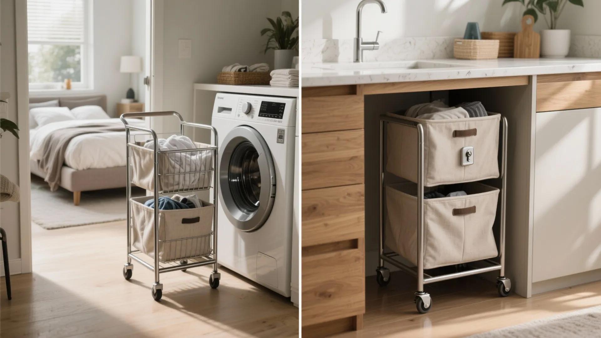 Before-and-after: rolling laundry cart pulled out for use and nested under a counter to hide it away.