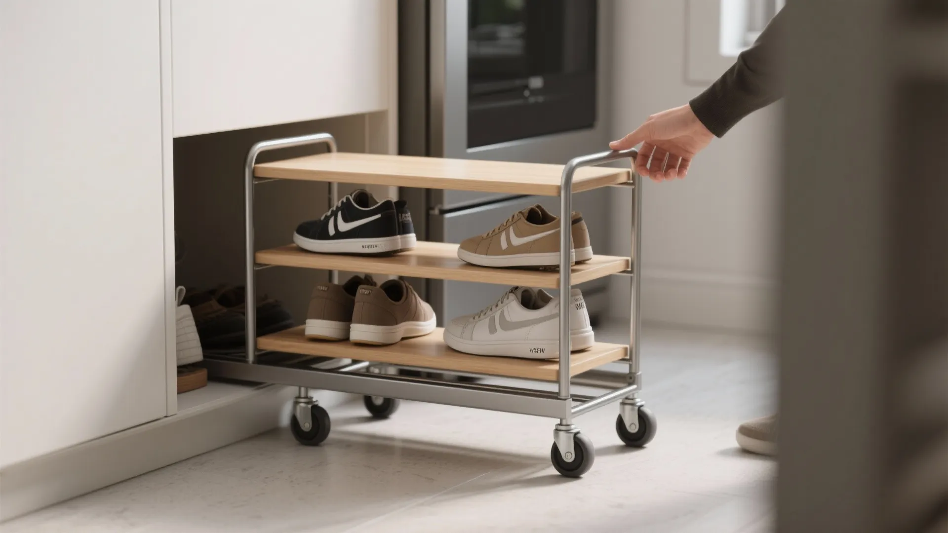 Hand pulling small metal rolling shoe cart with wooden shelves out from a white cabinet