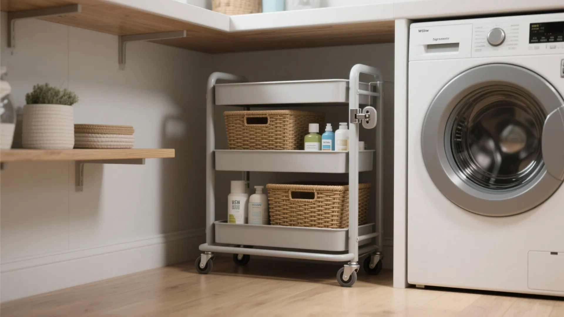 Grey three tier rolling storage cart with woven baskets and laundry supplies next to washer