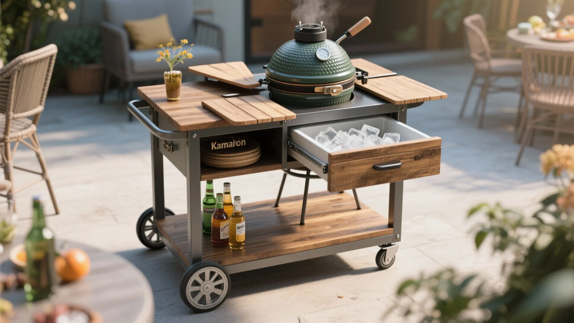 4) Rolling cart with fold-out leaves and integrated cooler