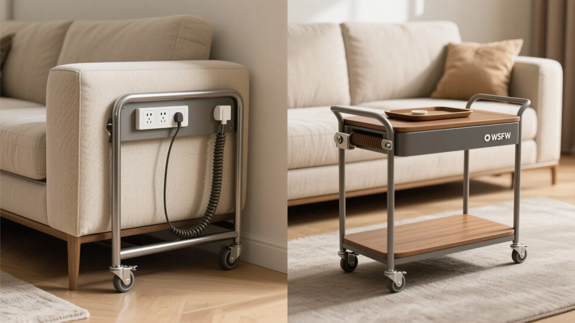 5. Narrow rolling cart turned console with hidden surge protector