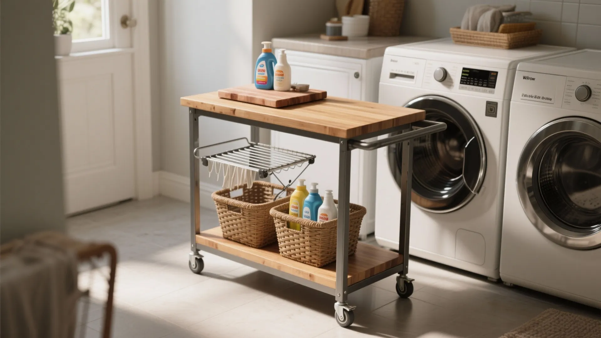 Wooden rolling cart with metal frame holding laundry detergent bottles and baskets near washing machine