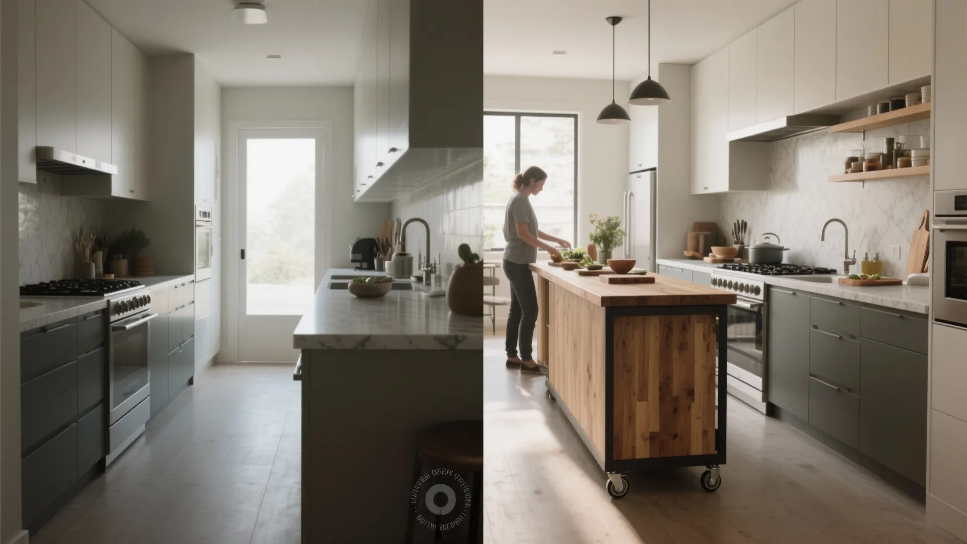 Before-and-after view of a galley kitchen showing the flexibility of a narrow rolling island that tucks away when not in use.