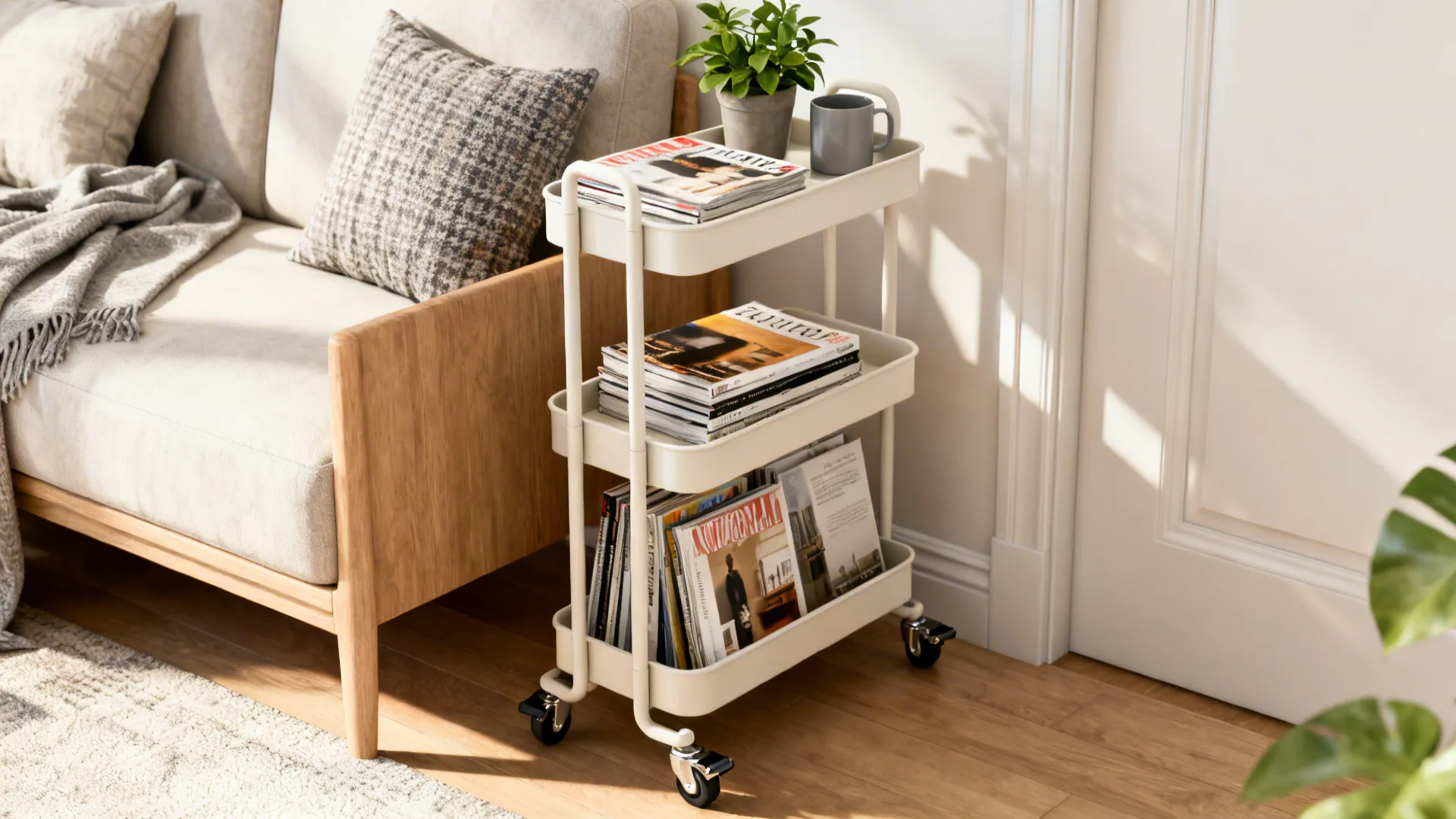 Slim three-tier rolling cart styled as a mobile side table with plant and magazines