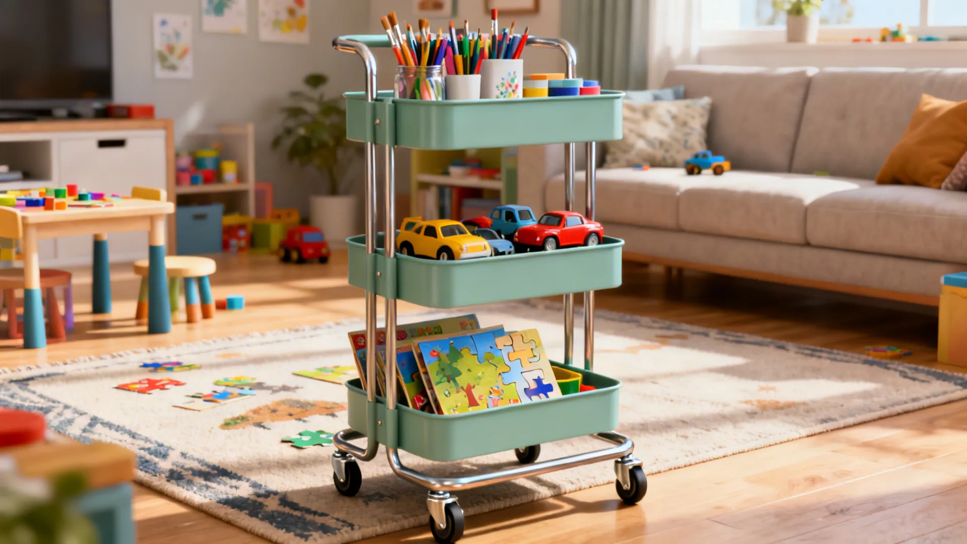 Three-tier rolling cart organized with toys and art supplies serving as a mobile play center.