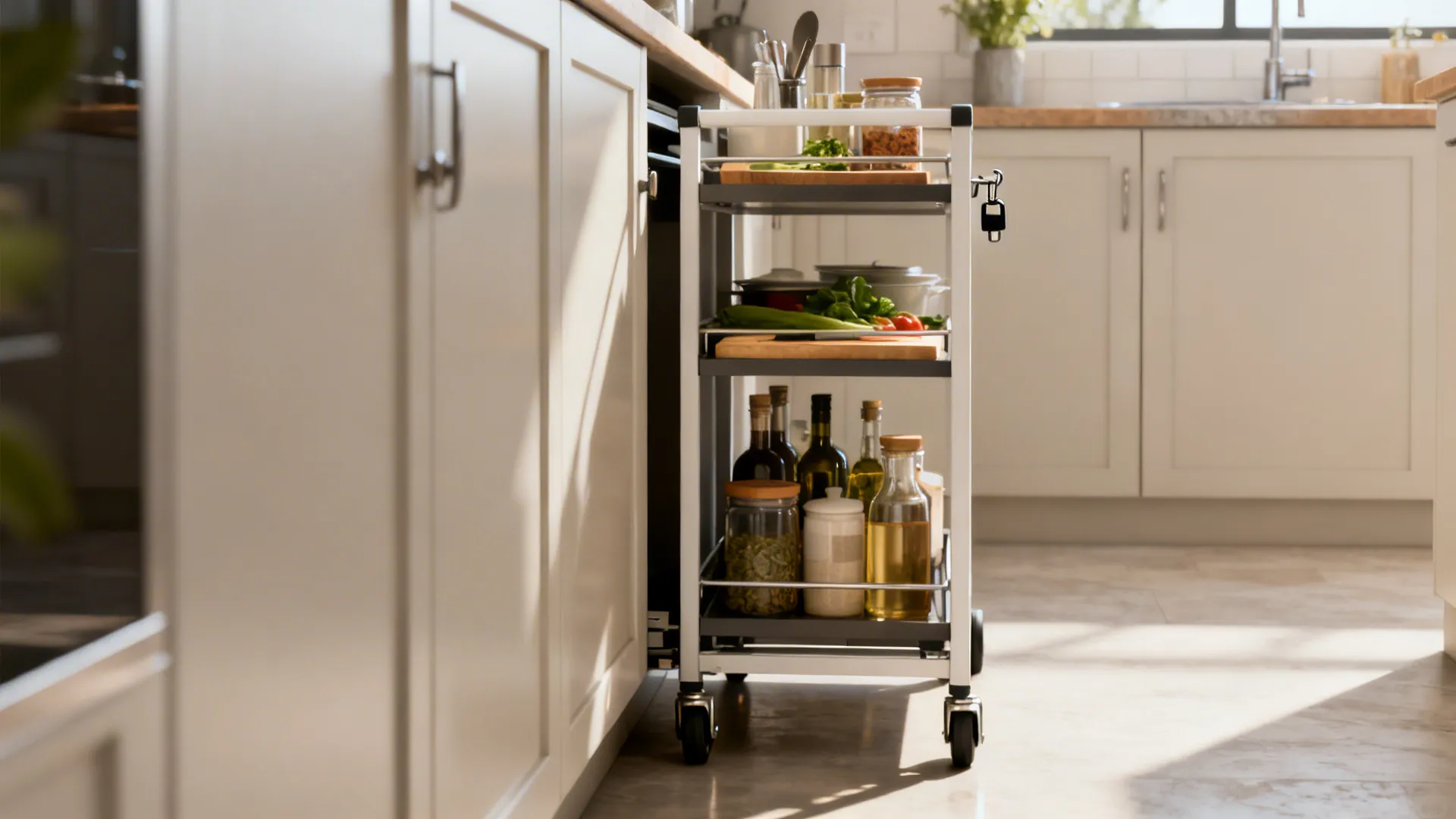 Slim rolling cart with lockable wheels stored in a narrow kitchen gap.