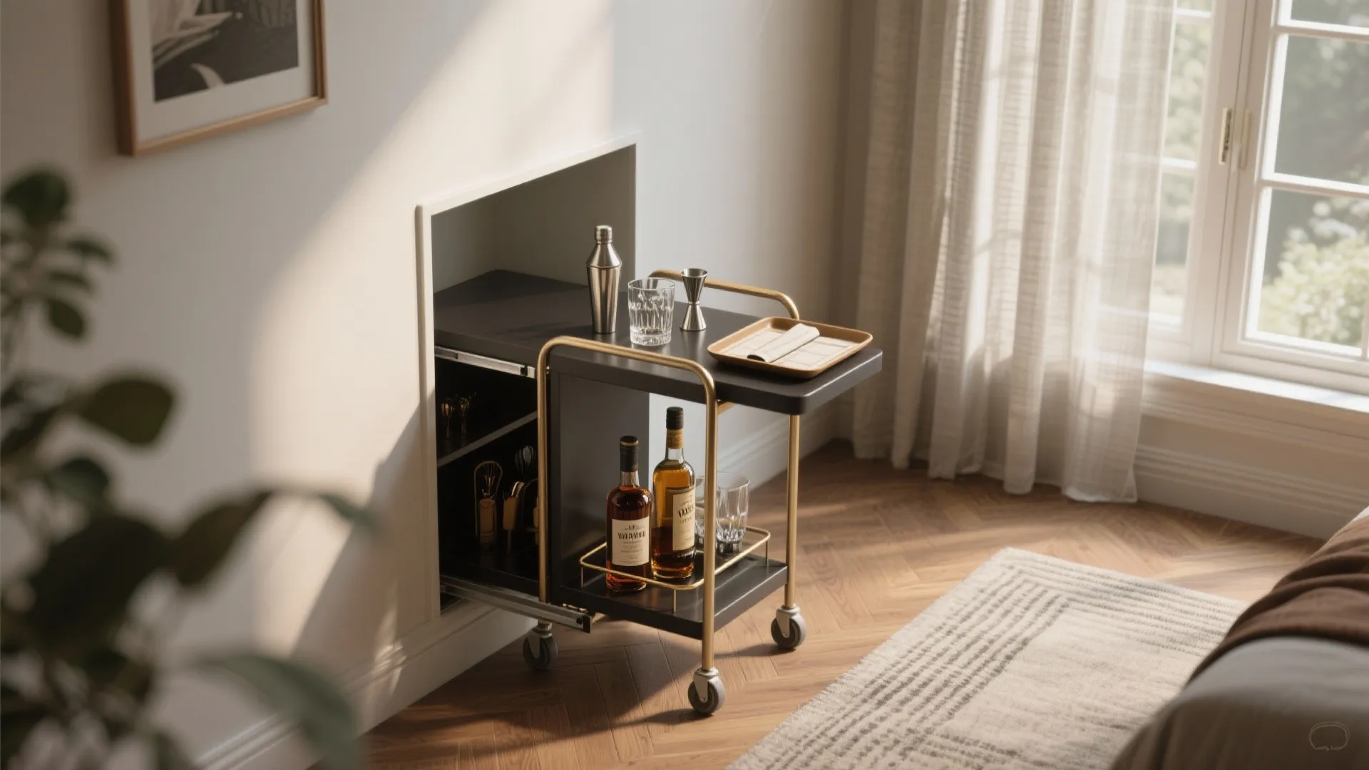 Modern black bar cart with gold frame holding bottles and glasses near a wall storage niche