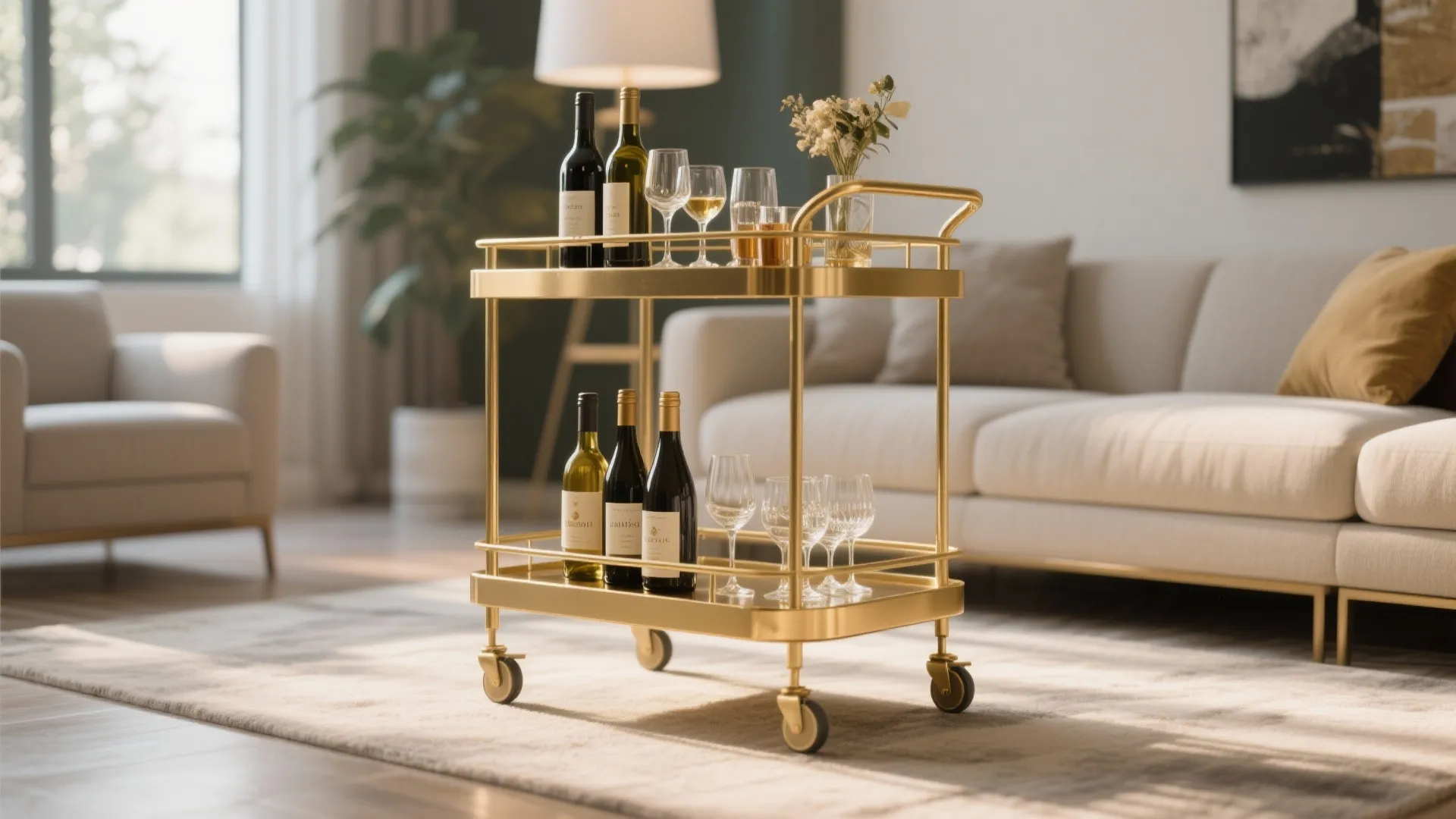 Gold rolling bar cart in a bright living room with drinks and glassware