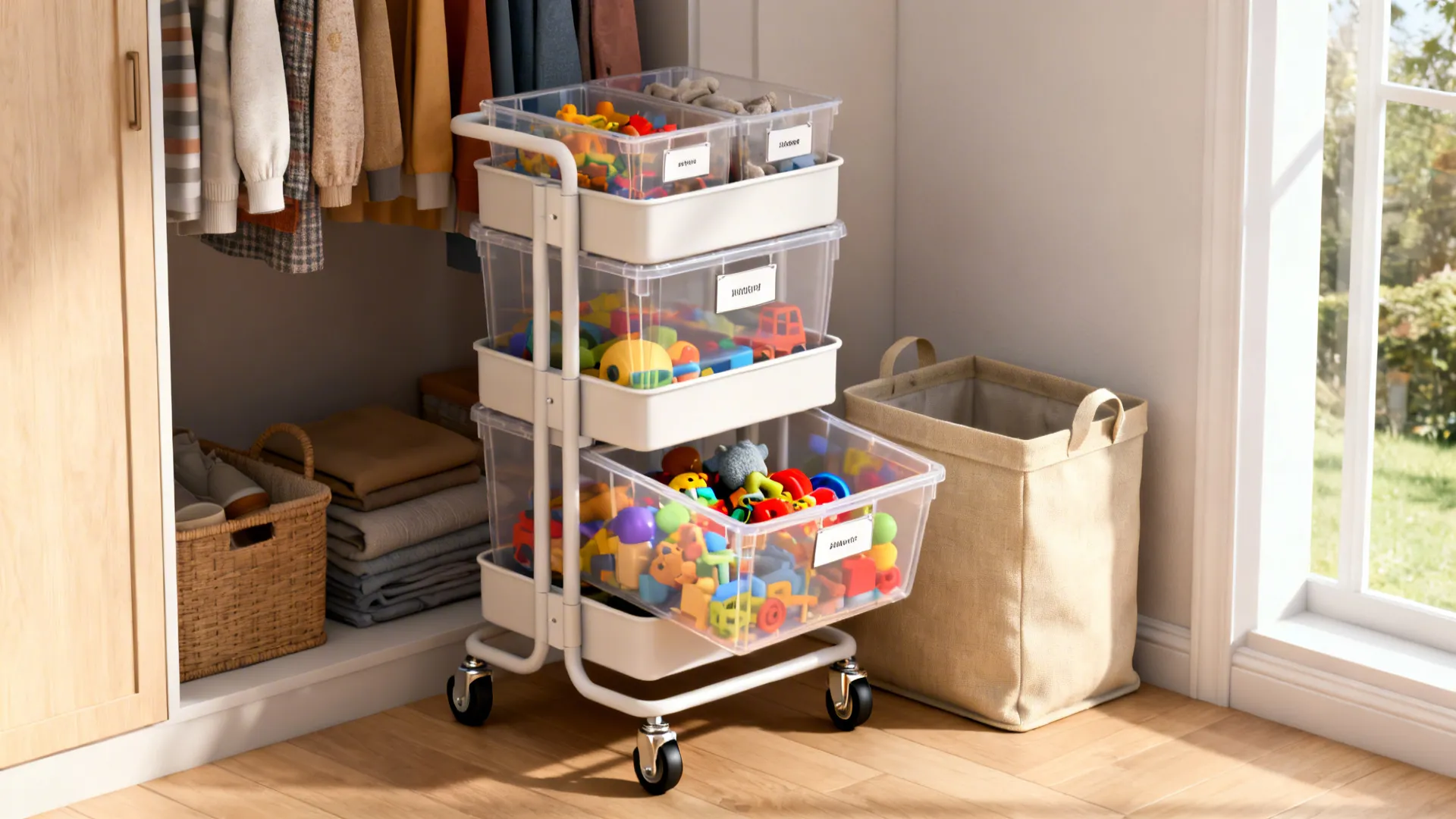 Rolling cart with clear labeled bins and brakes, shown next to a closet for stowing away.