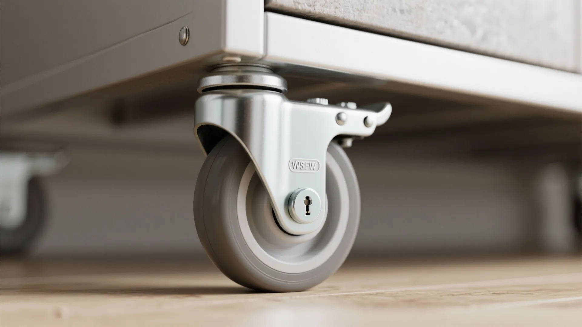 Macro of a lockable soft-rolling caster on a slim kitchen island cart with matching top.