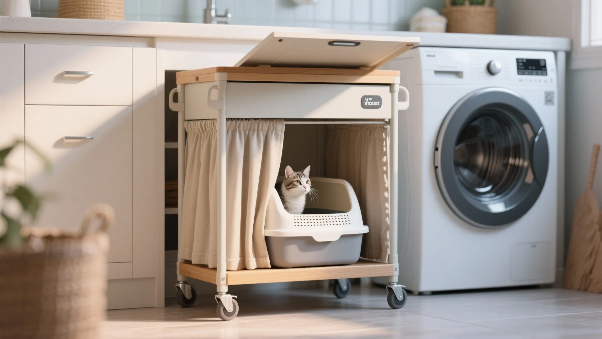 Mobile rolling cart with curtain used to hide a cat litter box next to washer