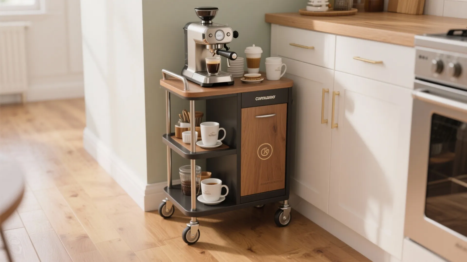 Mobile coffee cart with wheels holding a coffee machine mugs and storage in a kitchen