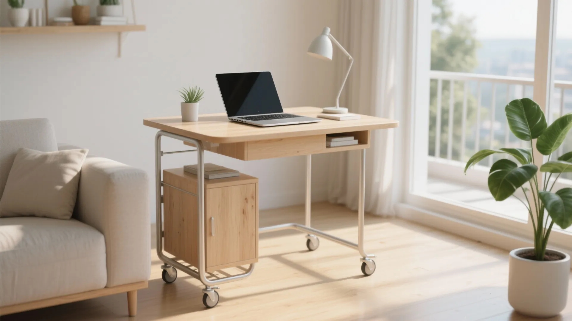 Wooden rolling desk with a laptop lamp and small plant in a bright living room