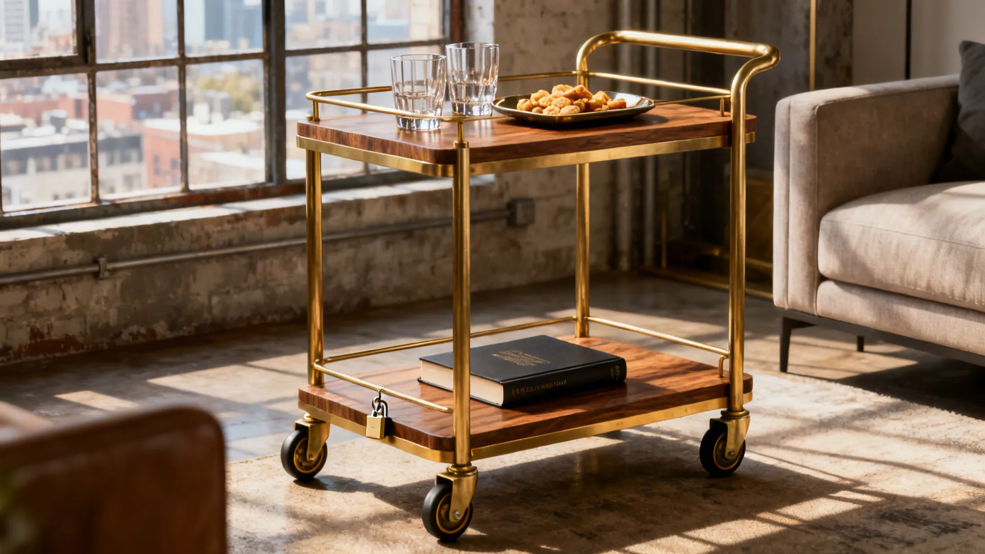 Brass-and-wood rolling cart serving as a mobile end table with snacks and drinks.