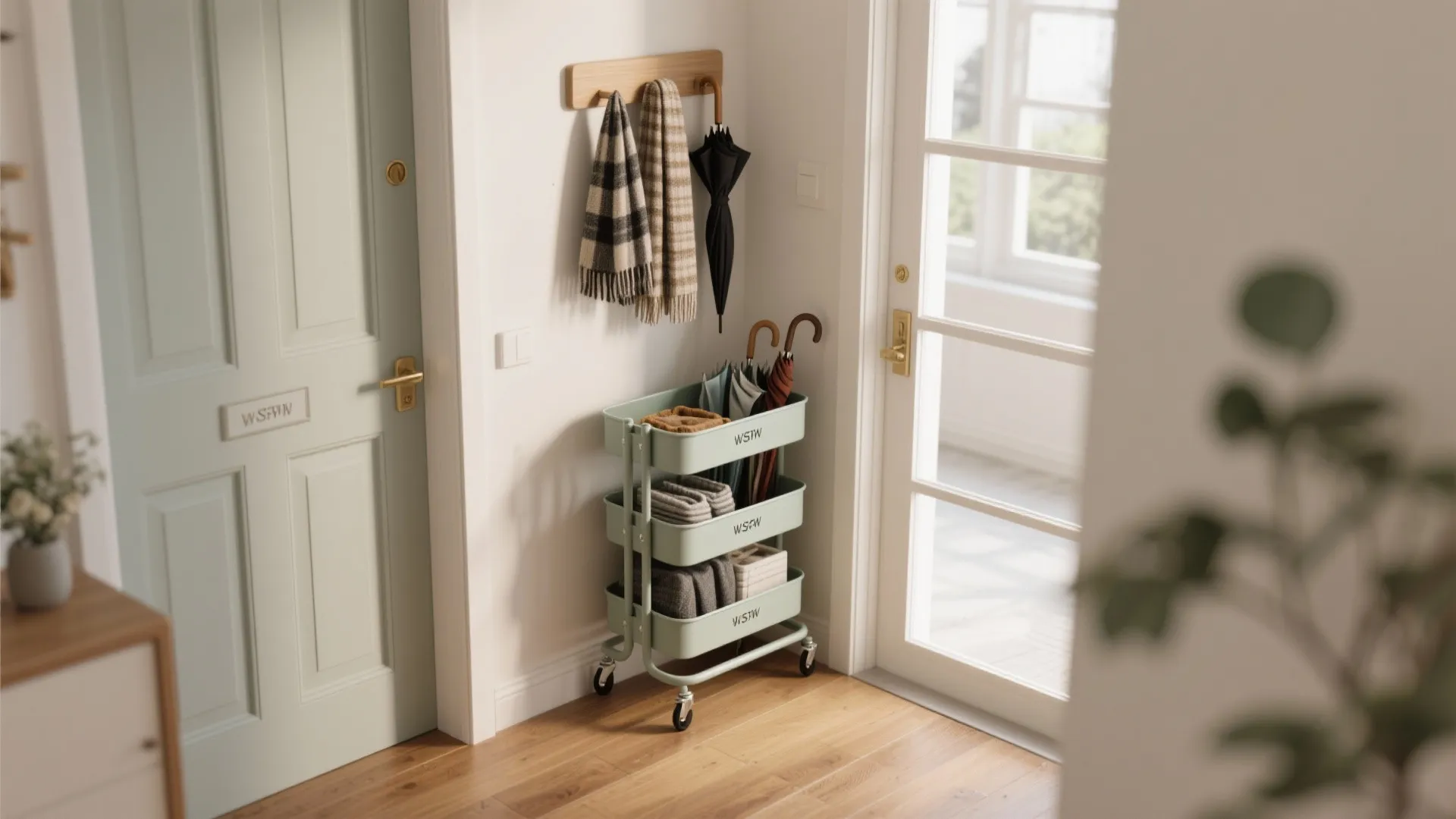 Small entryway with portable rolling storage cart