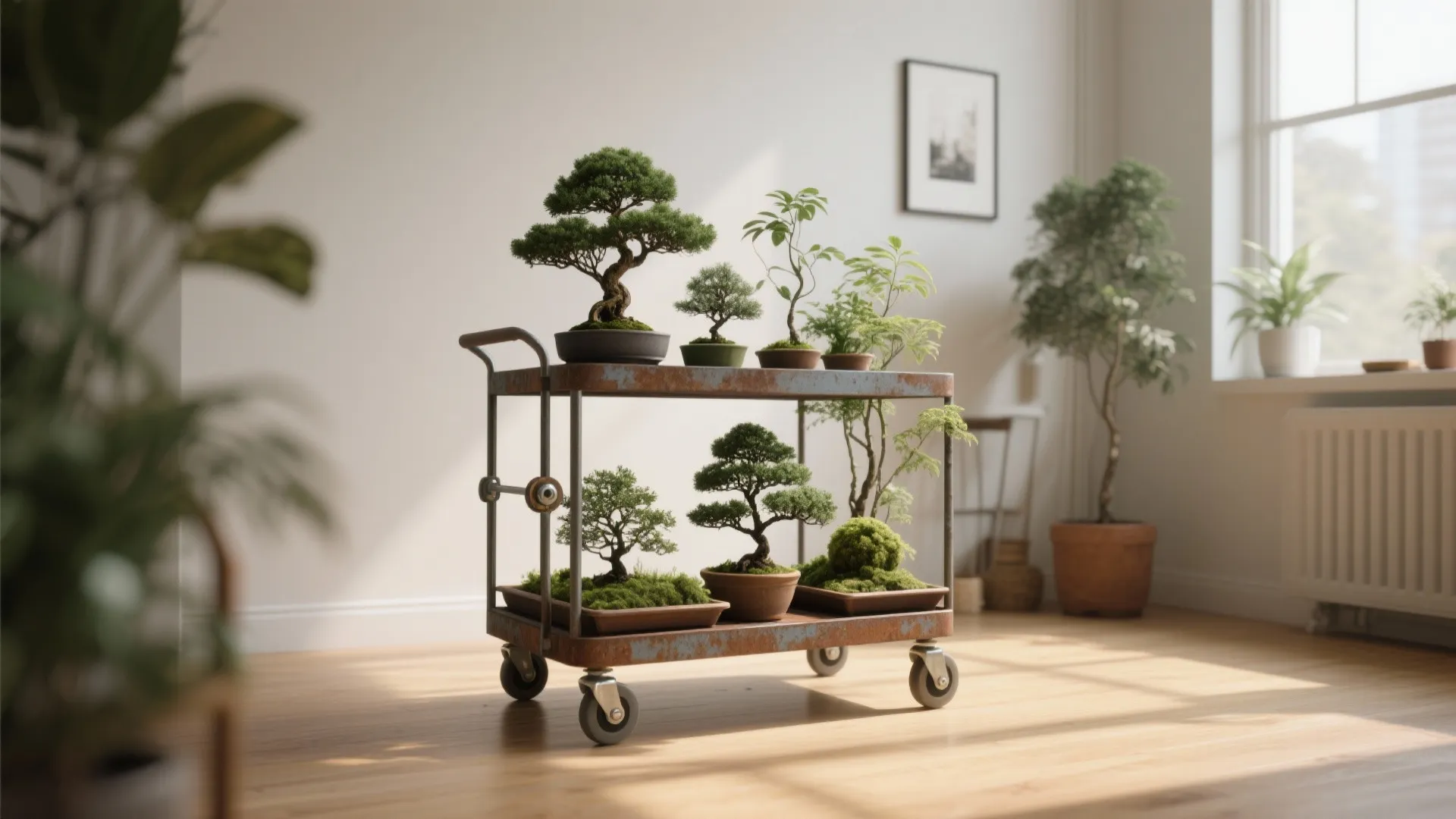 Metal rolling cart with two shelves holding several small potted trees in a bright sunlit room