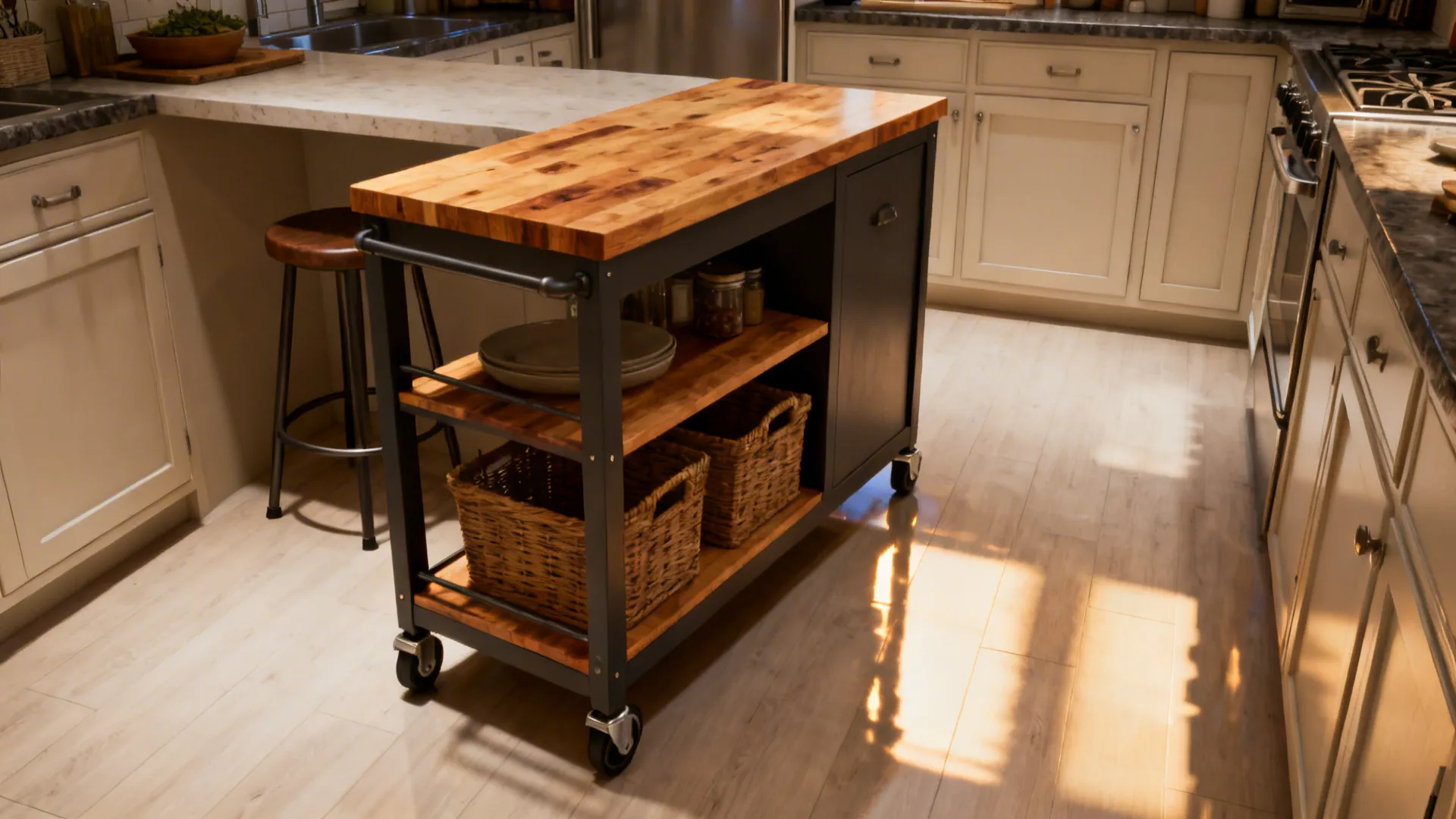 Narrow rolling cart used as a multi-use island with butcher-block top and tucked seating