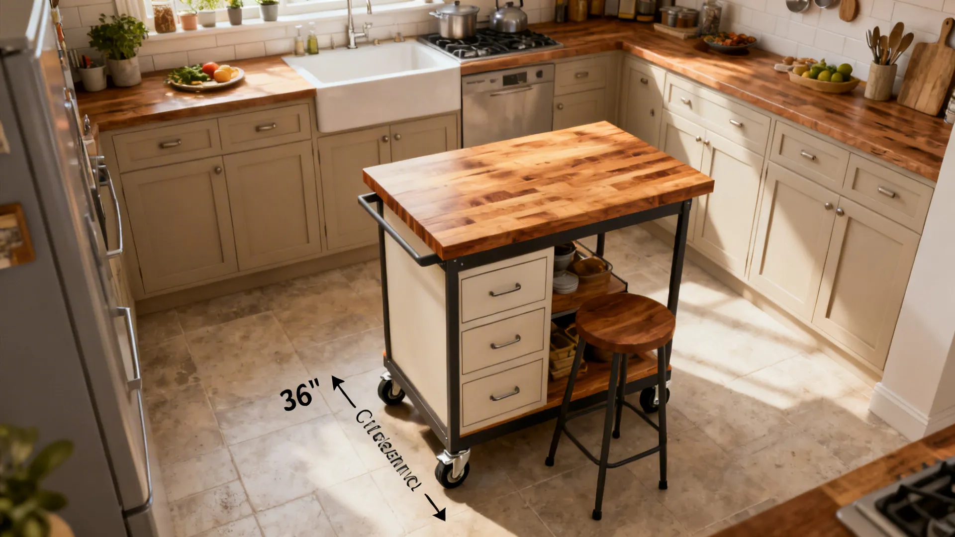Rolling butcher-block cart with drawers and seating in a compact single-wall kitchen.