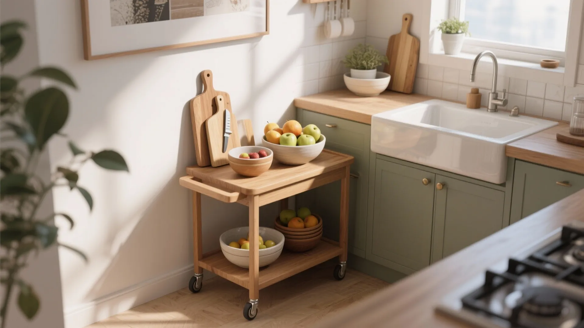 Wooden rolling cart in compact kitchen space