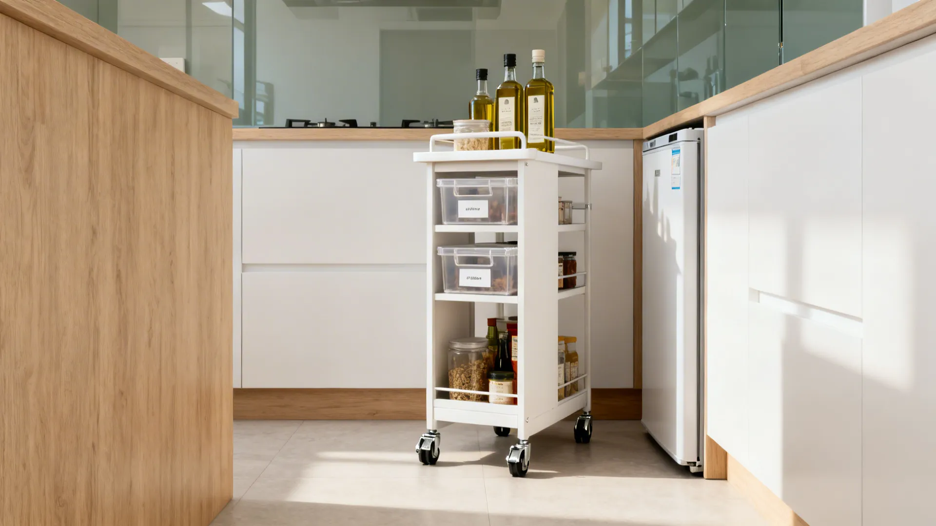 Slim rolling cart with labeled bins and oils on a tray beside a fridge in a small kitchen.