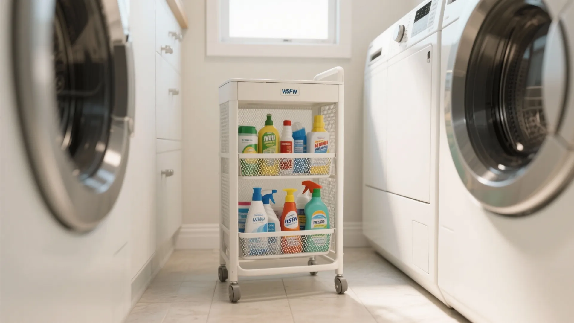 White rolling storage cart with laundry cleaning supplies positioned between a washer and dryer unit