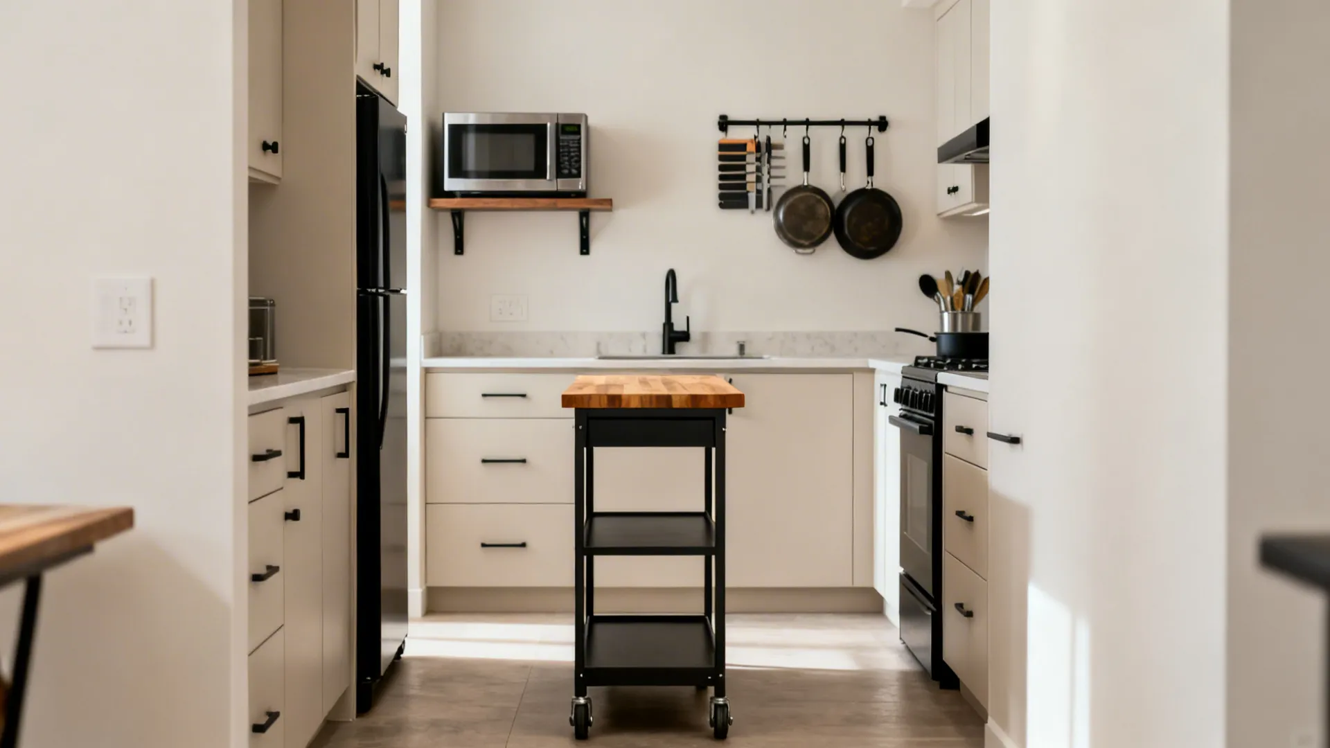 Small kitchen with a slim rolling cart, wall rails, and a microwave on a shelf for better flow.
