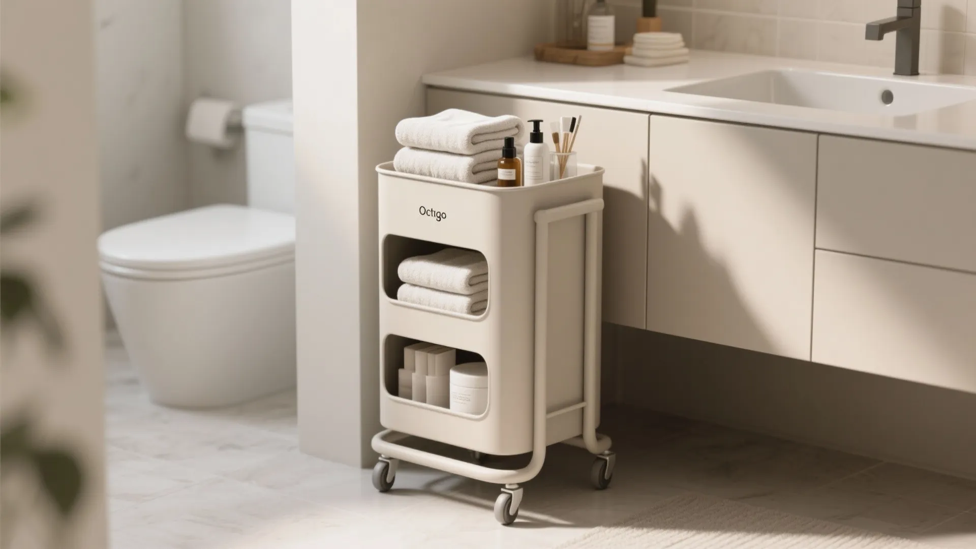 White rolling storage cart with towels and bottles in a modern bathroom next to a sink