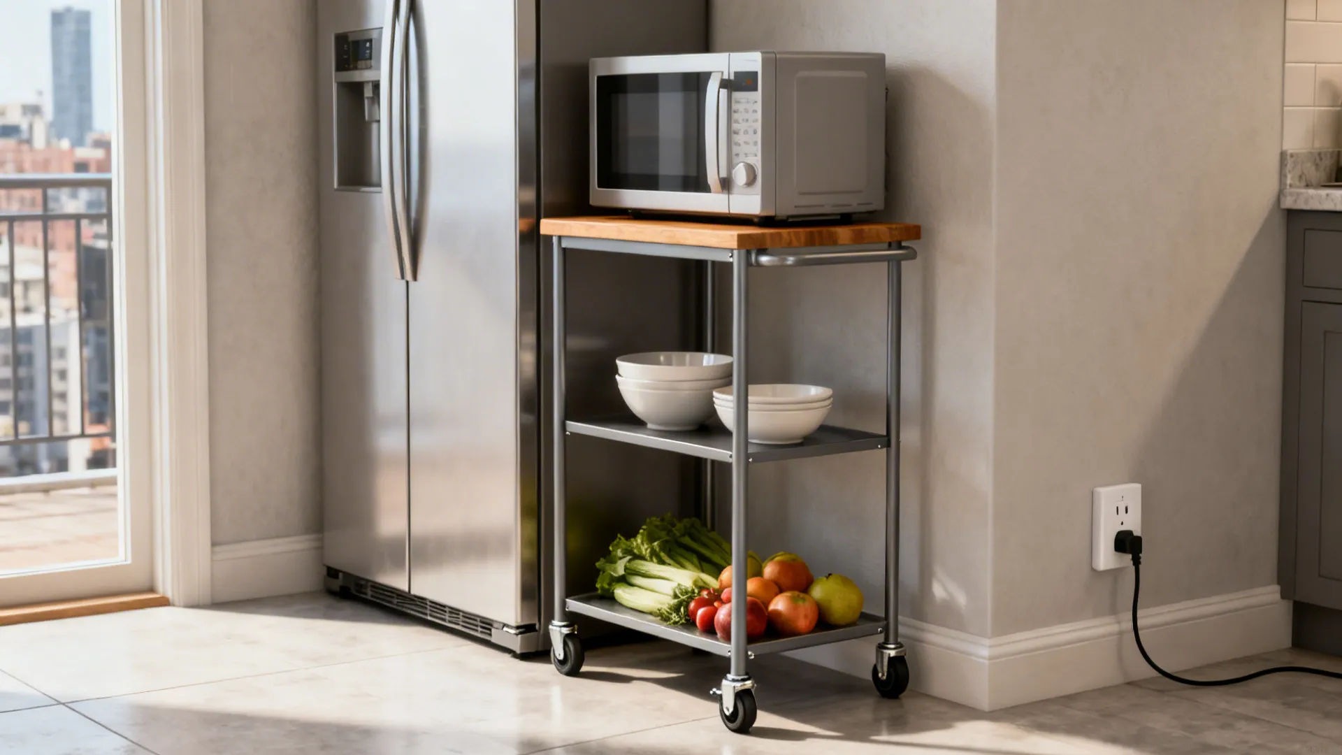 Slim rolling cart with a microwave on top and locking casters in a compact kitchen.