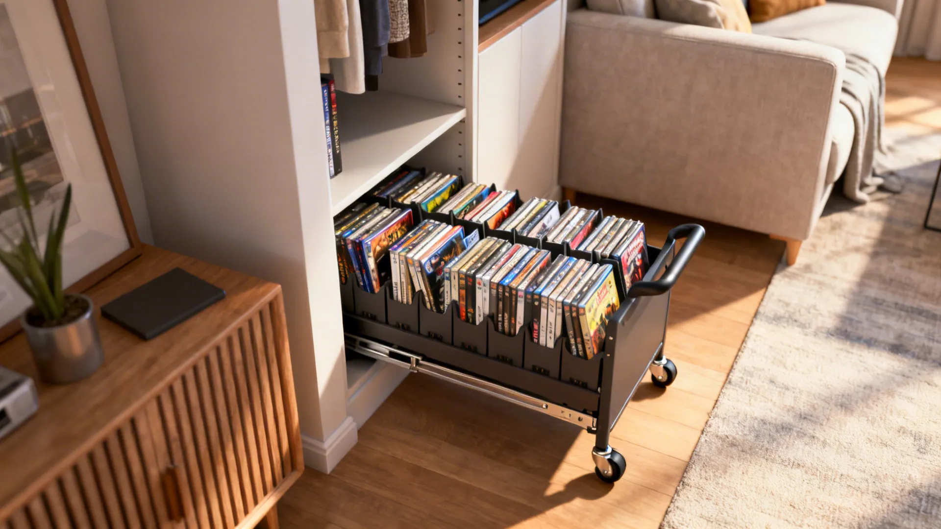Black metal rolling cart with wheels pulled out from cabinet holding many small media cases