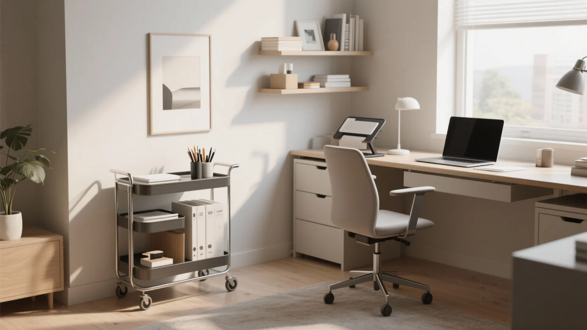 Modern home office with grey rolling storage cart next to a wooden desk and white chair