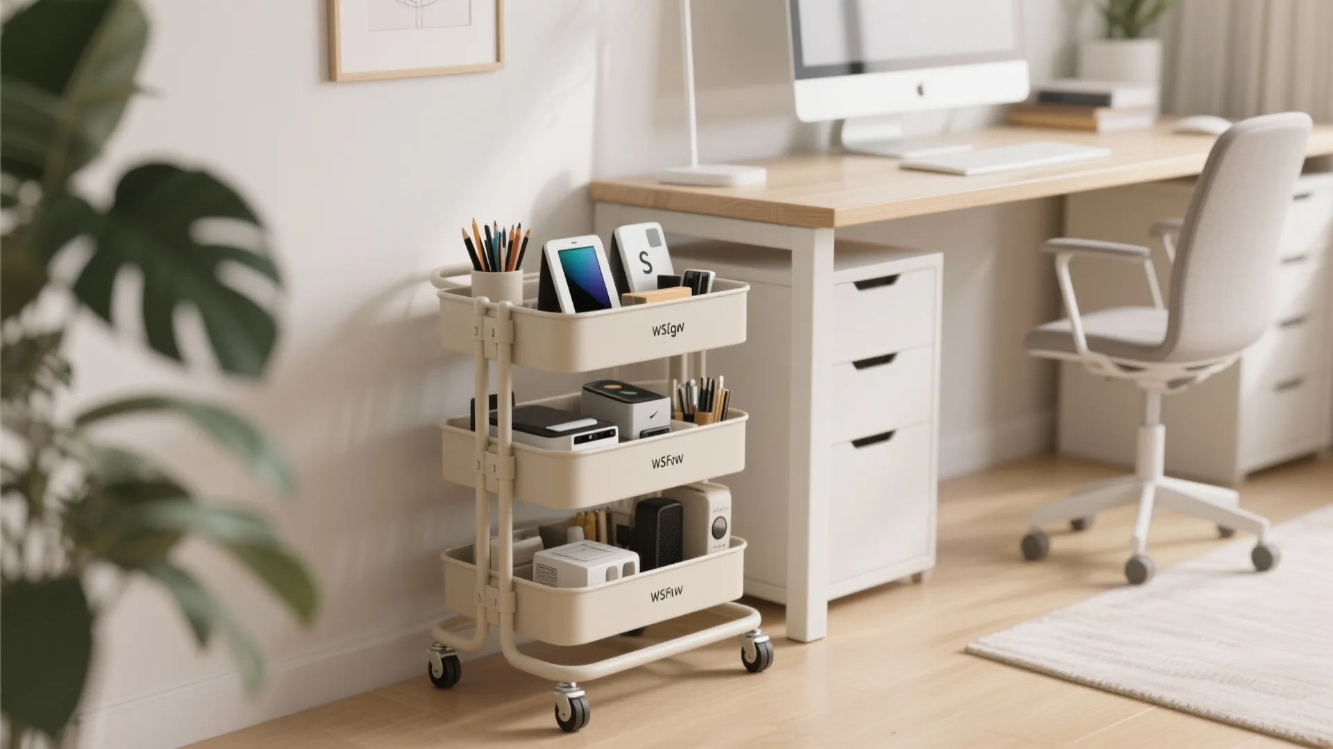 Cream rolling storage cart with three shelves filled with office supplies next to wooden desk