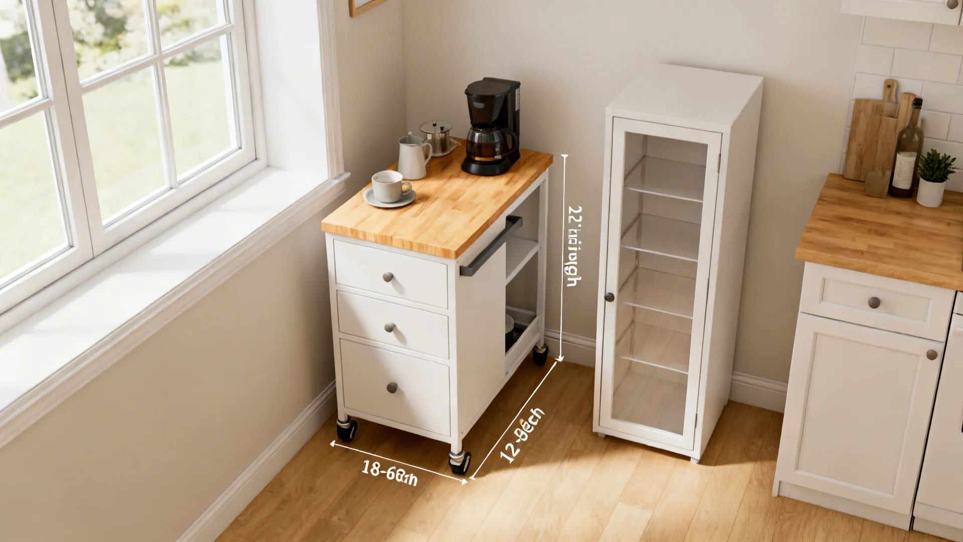 Slim rolling cart with butcher-block top and a narrow freestanding pantry in a small kitchen.