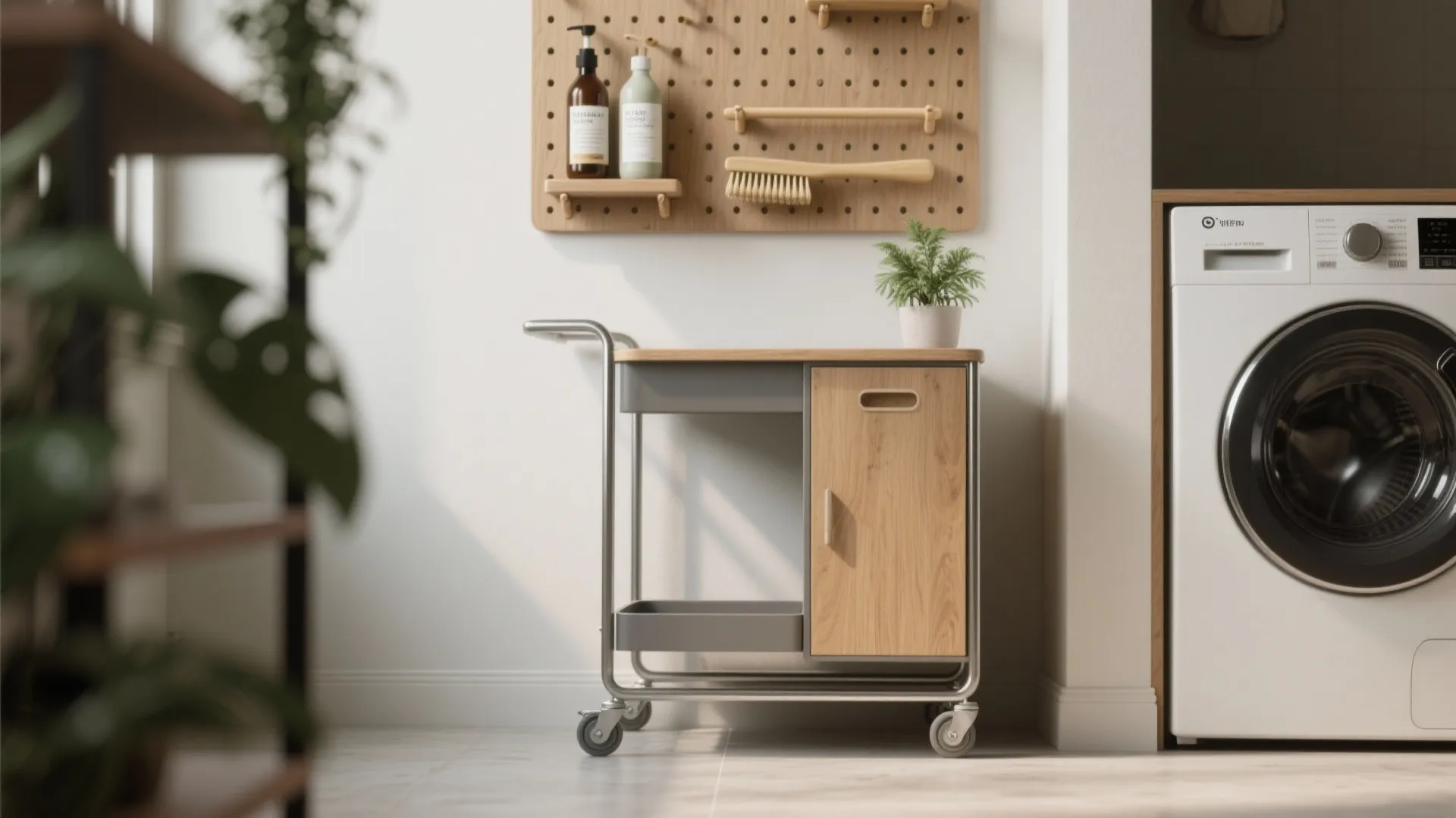 3. Slim rolling carts and pegboard zones — mobile and modular