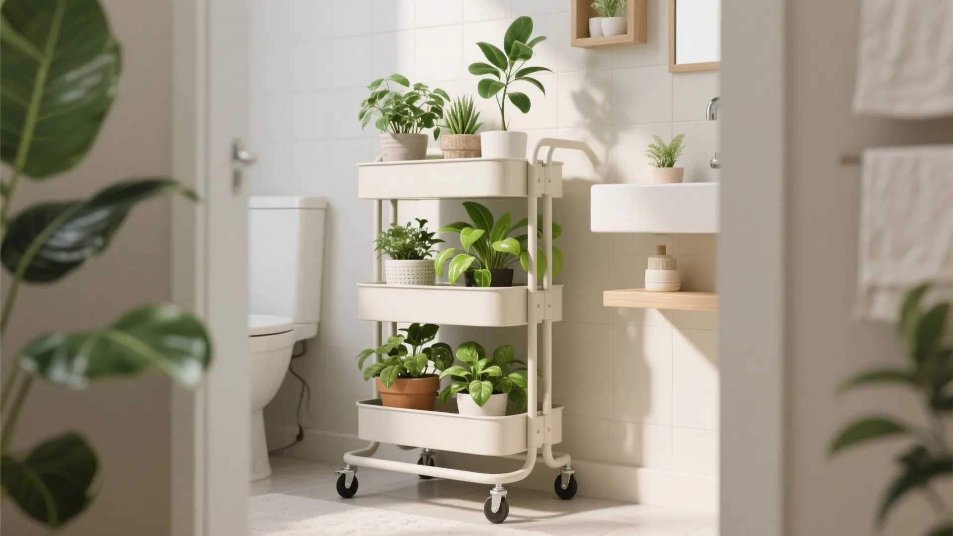 White rolling storage cart with green plants in a bright bathroom next to a sink