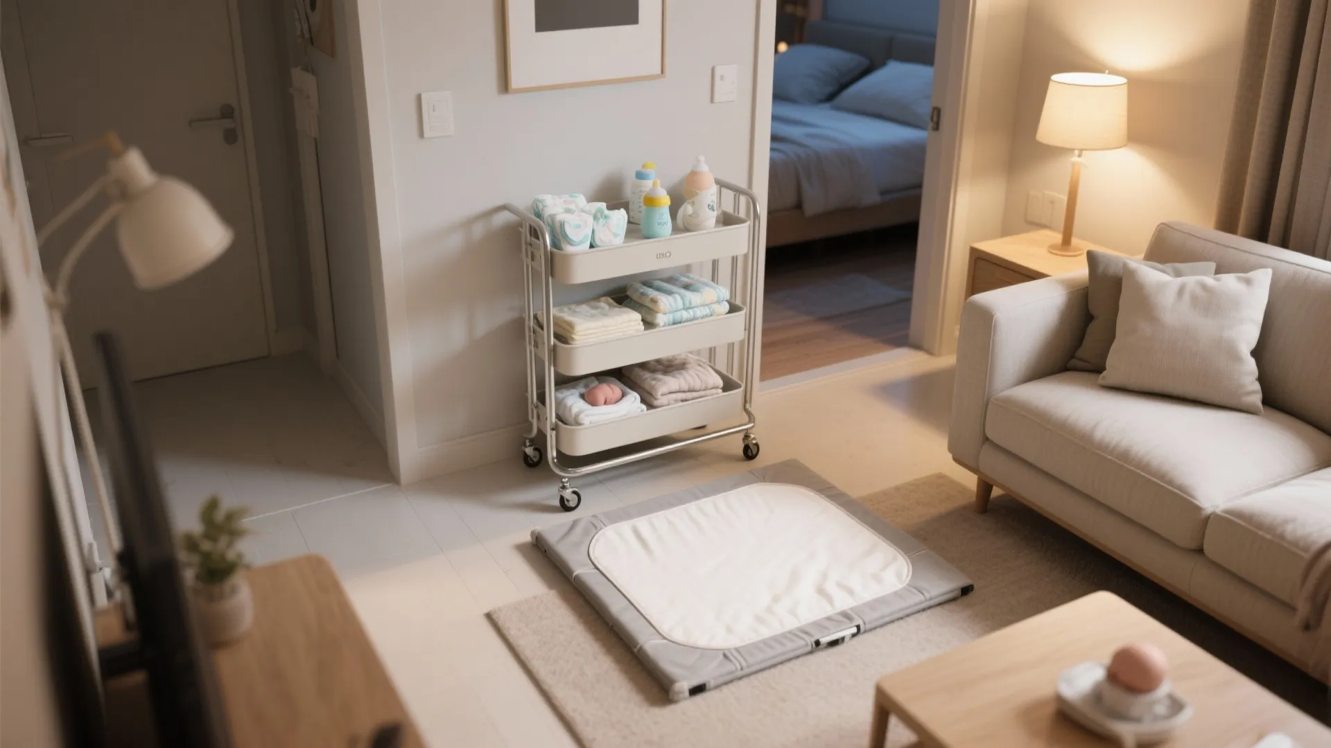 Flexible furniture: rolling cart + foldable changing setup