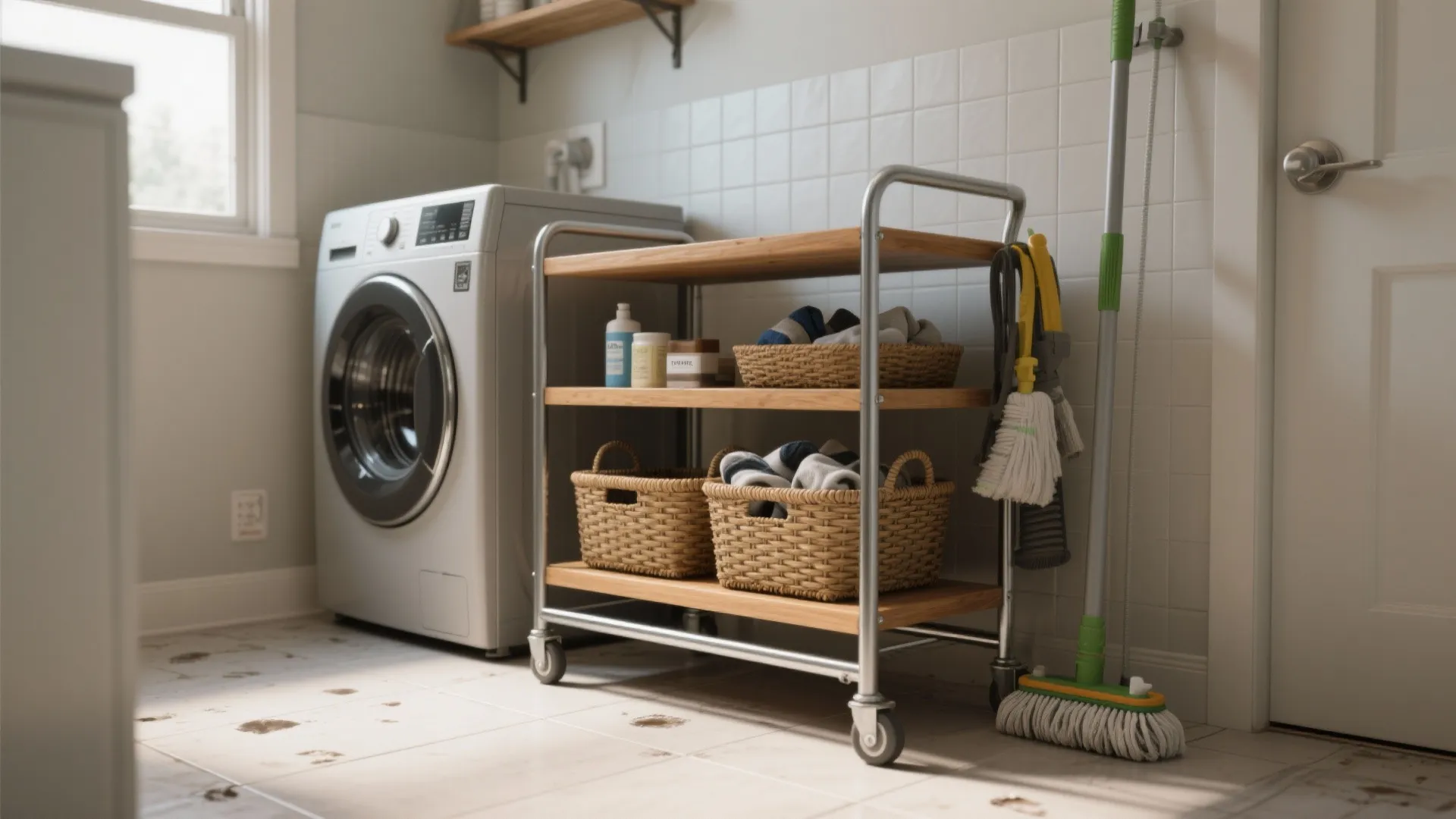 Wooden rolling cart with metal frame holding baskets and cleaning supplies next to washing machine