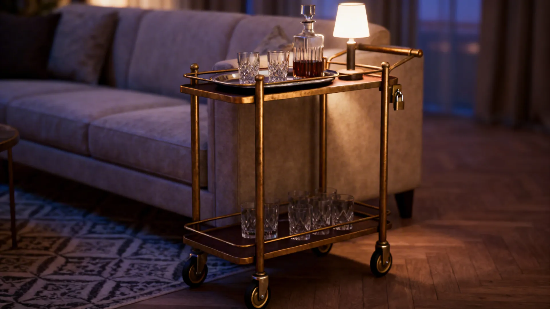 Narrow vintage brass rolling cart used as a side table with lockable casters and tray styling.