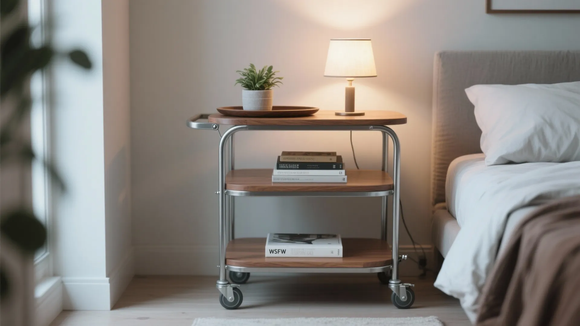Three tier wooden rolling cart used as a nightstand with books plant and desk lamp