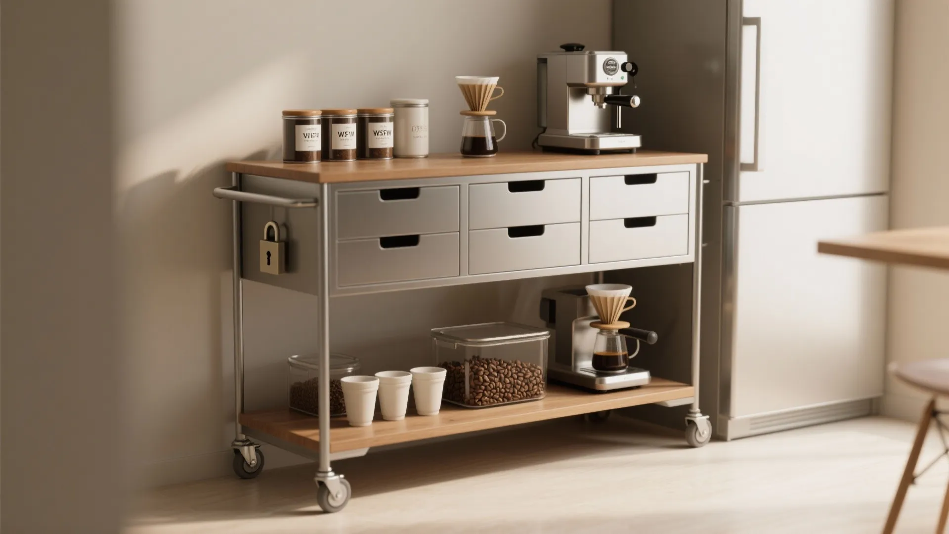 Silver rolling cart with wood top holding coffee equipment jars and espresso machine beside refrigerator