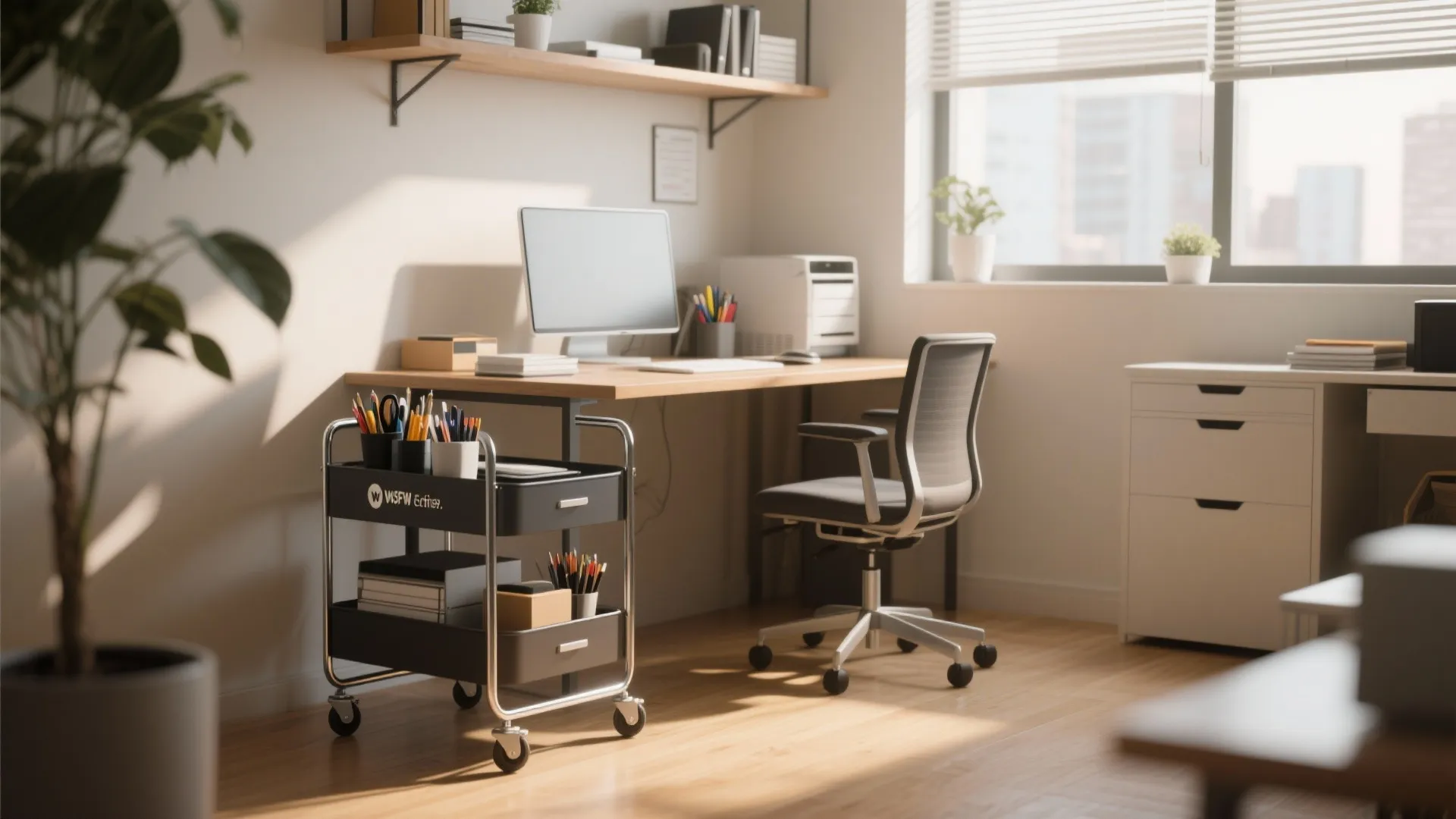 Black rolling storage cart with office supplies next to wooden desk and a white cabinet