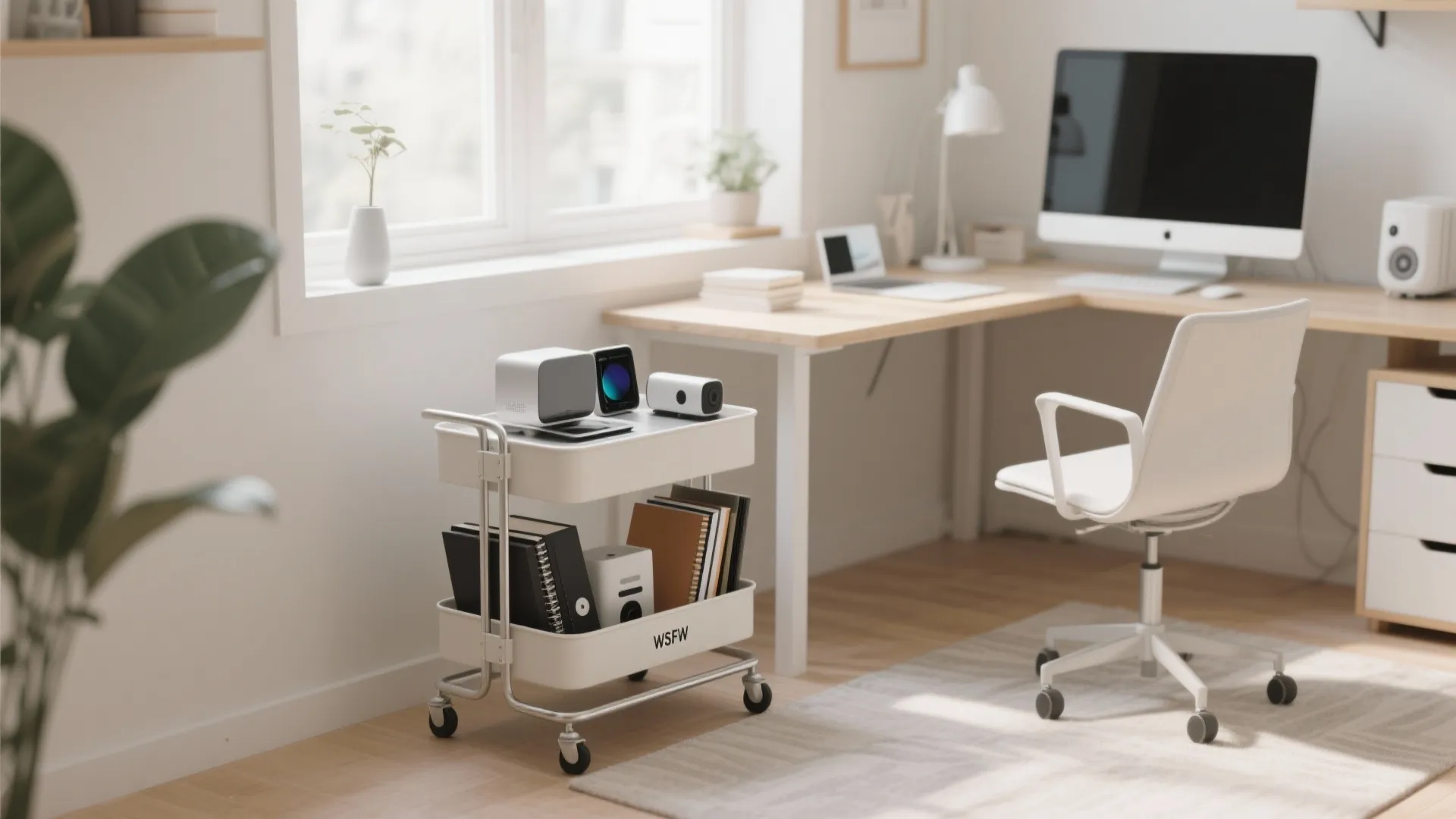 White rolling storage cart with books next to a wooden desk and a white chair