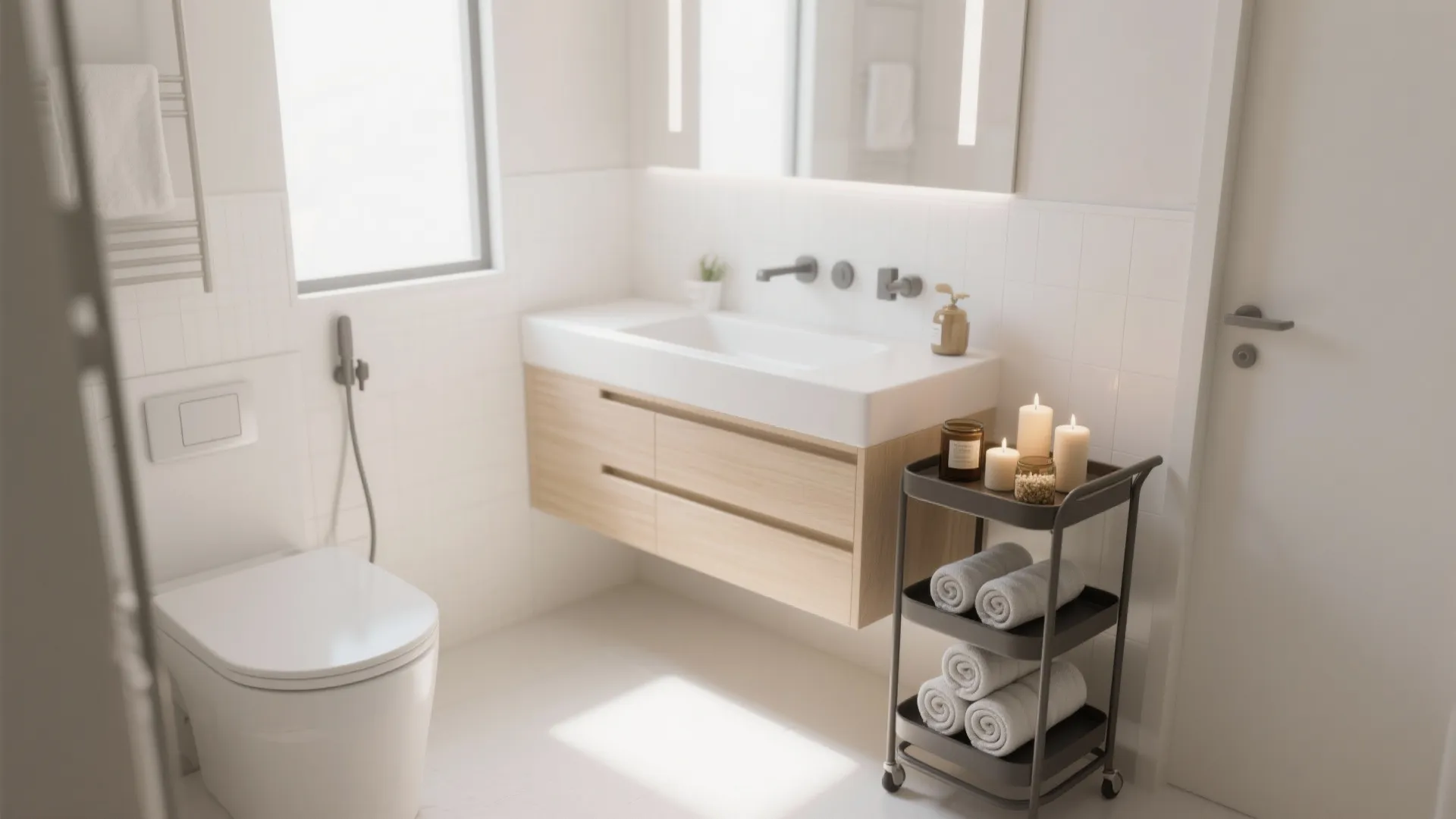 Bright minimalist bathroom featuring a black rolling cart with rolled towels and candles beside sink