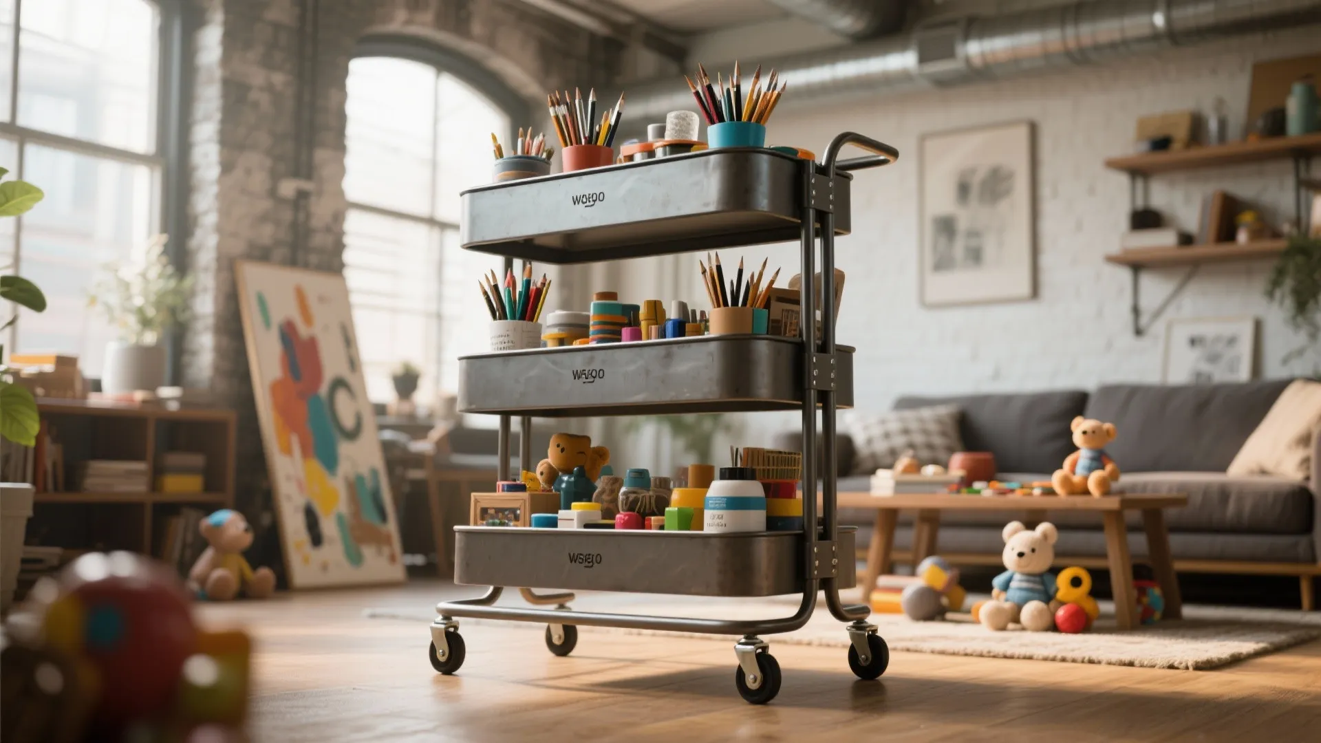Three-tier rolling cart with children's toys in a loft living room
