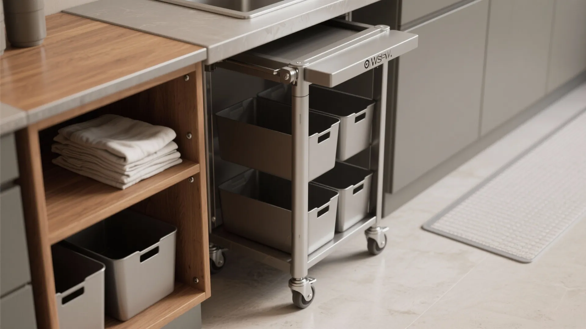 Silver metal rolling storage cart with grey bins tucked under a grey kitchen laundry counter
