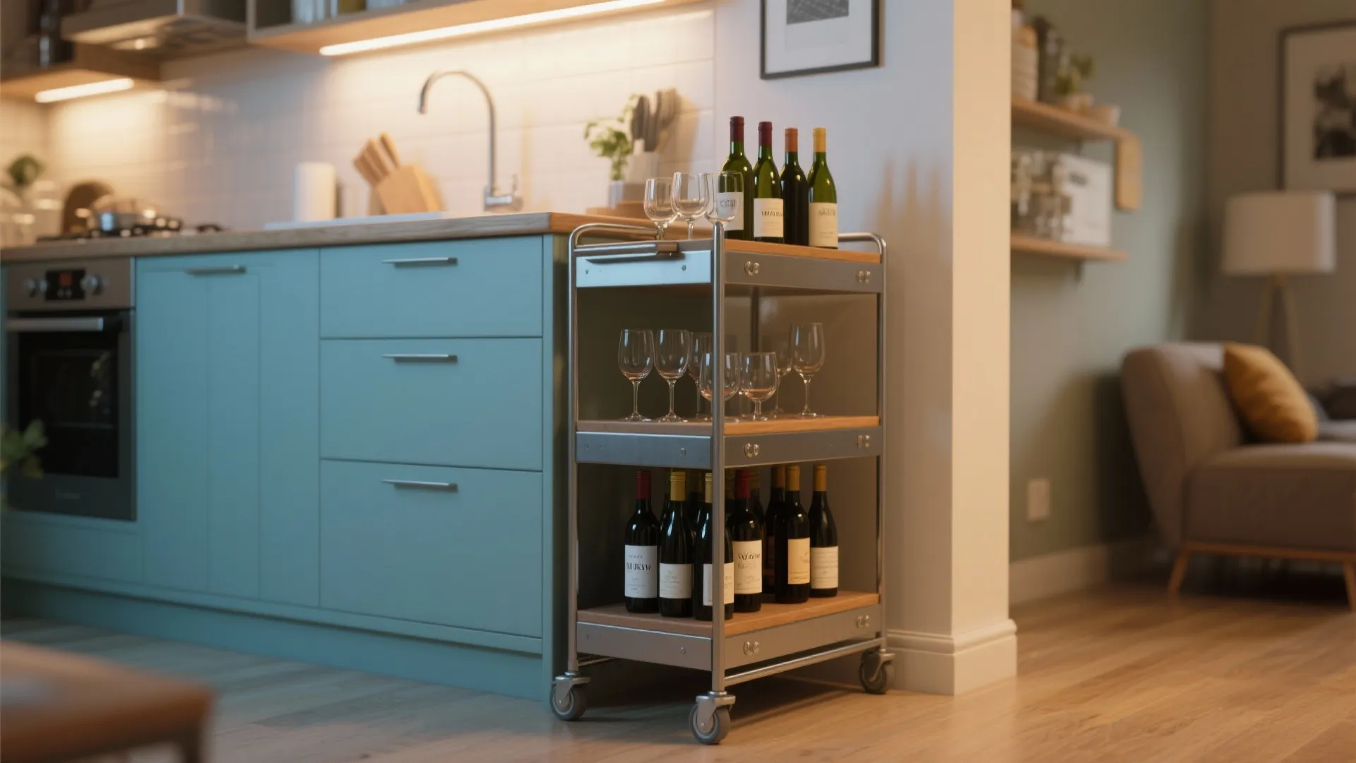 Slim rolling cart with wine bottles and glasses in small kitchen