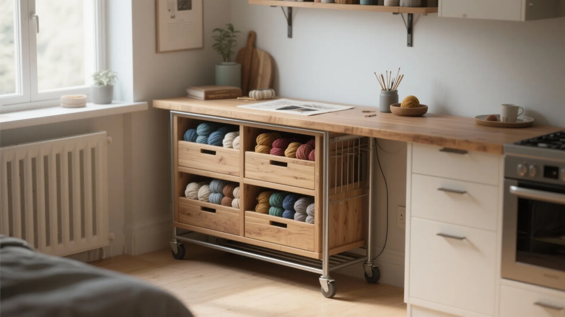 Wooden rolling cart with drawers storing colorful yarn next to white kitchen cabinet and window